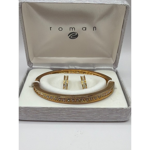 Roman Jewelry - NIB VTG Roman Jewelry Set Goldtone Bangle Bracelet Hoop Earrings Rhinestone